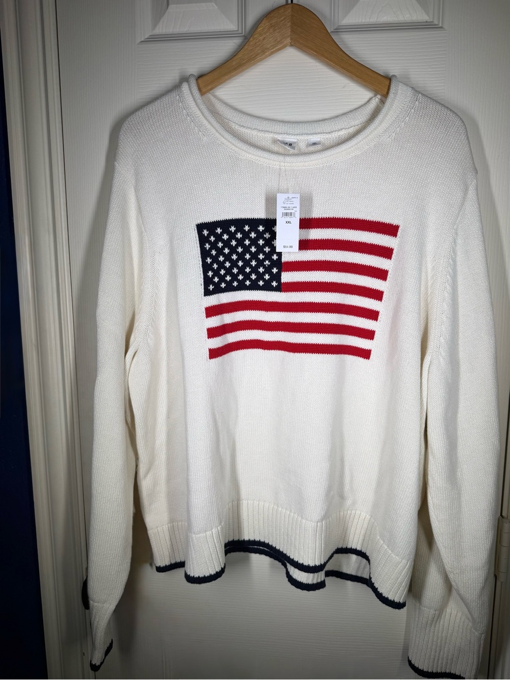 GAP Cream Crewneck Sweater with Red & Navy Flag Motif